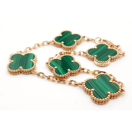 776 - A Van Cleef and Arpels Alhambra bracelet with 5 motifs - 18ct rose gold with malachite inserts. Leng... 