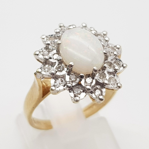 83 - A 9k Bi-Colour Gold Opal and Diamond Cluster Ring. Ring Size L1/2, Total Weight 4.5 grams.