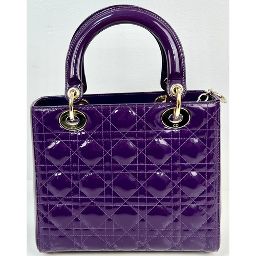 59 - A Christian Dior - Lady Dior Purple Patent Leather Handbag. Gold tone hardware. Detachable shoulder ... 