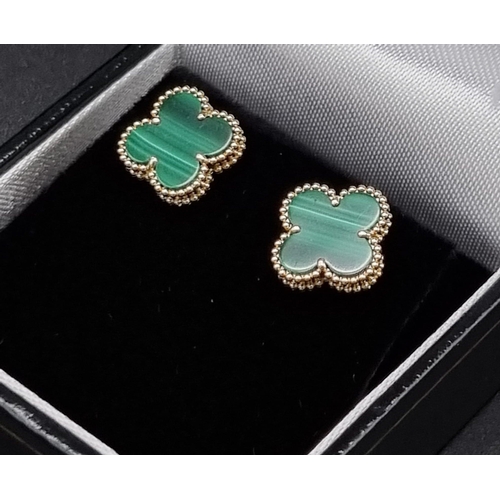 398 - A Pair of 18ct Yellow Gold Van Clef & Arpels - Alhambra Earrings with Malachite Inserts.