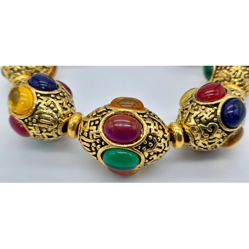 688 - An Antique-Style Multi-Coloured Agate and Jade Gilded Expandable Statement Bracelet.