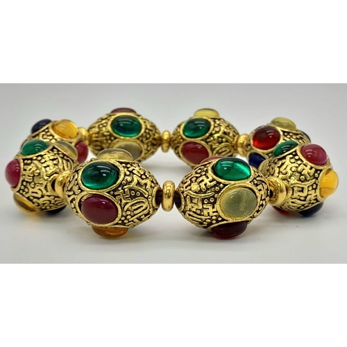 688 - An Antique-Style Multi-Coloured Agate and Jade Gilded Expandable Statement Bracelet.