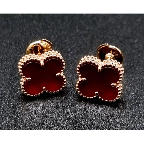 755 - A Pair of 18K Rose Gold Van Clef & Arpels - Alhambra Earrings with Cornelian Inserts.