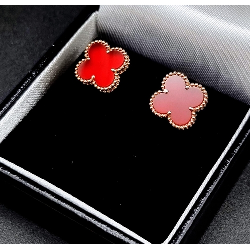 755 - A Pair of 18K Rose Gold Van Clef & Arpels - Alhambra Earrings with Cornelian Inserts.