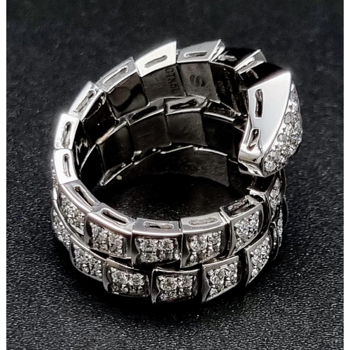 97 - Bvlgari Serpenti Viper Two-Coil Ring. 18k White Gold, Set with full pave diamonds. Approx. 3ct brill... 