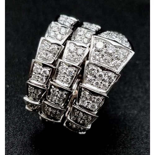 97 - Bvlgari Serpenti Viper Two-Coil Ring. 18k White Gold, Set with full pave diamonds. Approx. 3ct brill... 