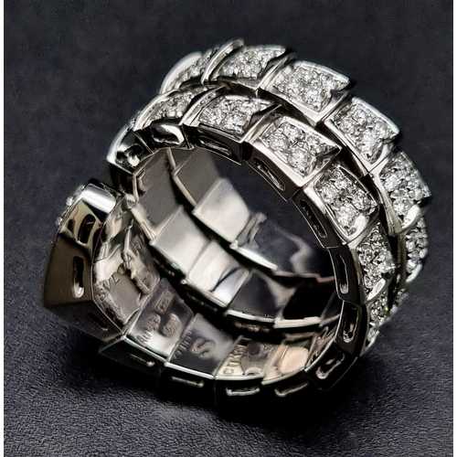 97 - Bvlgari Serpenti Viper Two-Coil Ring. 18k White Gold, Set with full pave diamonds. Approx. 3ct brill... 