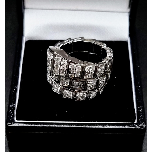 97 - Bvlgari Serpenti Viper Two-Coil Ring. 18k White Gold, Set with full pave diamonds. Approx. 3ct brill... 