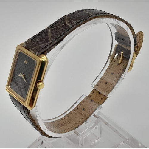 983 - A LADIES 18K GOLD PLATED RAYMOND WEIL WRISTWATCH WITH SQUARE FACE ANS PATTERNED DIAL . 20mm