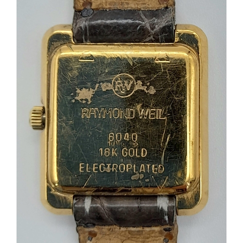 983 - A LADIES 18K GOLD PLATED RAYMOND WEIL WRISTWATCH WITH SQUARE FACE ANS PATTERNED DIAL . 20mm