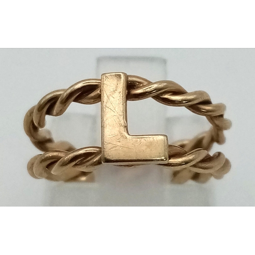 1127 - 9K YELLOW GOLD INITIAL L RING, WEIGHT 2.1G SIZE F