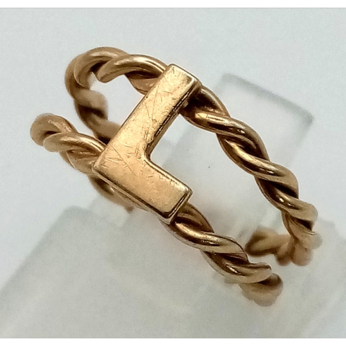 1127 - 9K YELLOW GOLD INITIAL L RING, WEIGHT 2.1G SIZE F