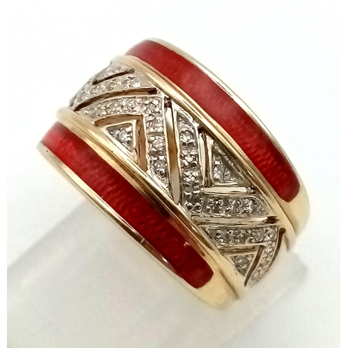 128 - 9K YELLOW GOLD DIAMOND & RED ENAMELLED BAND RING WEIGHT 5.9G SIZE K