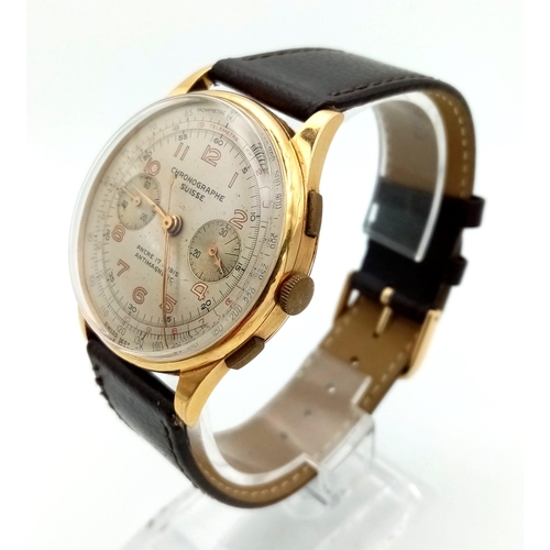 260 - A VINTAGE CHRONOGRAPHE SUISSE18K GOLD GENTS WRISTWATCH , MECHANICAL MOVEMENT, 2 SUBDIALS AND BROWN L... 