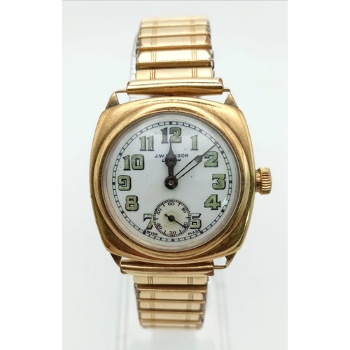 289 - A JW Benson Vintage possibly Antique 9K Gold Cased Watch.
Expandable strap. Gold case - 30mm. Mechan... 