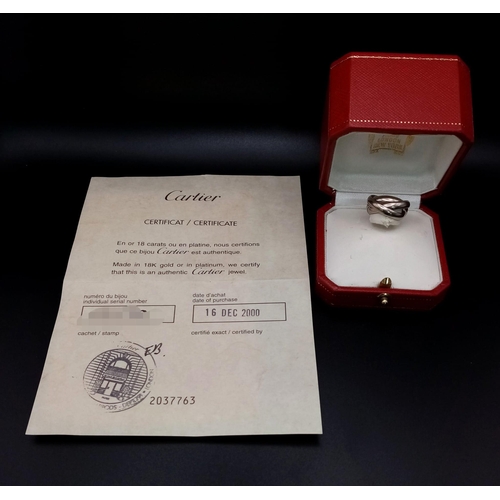 387 - A Cartier Three Band 18k White Gold Love Ring. Size G. 7.27g Comes in a Cartier box. Ref: 10730.