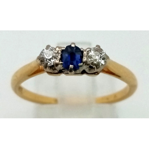 559 - 18k Yellow Gold Diamond and Sapphire 3 Stone Ring.
0.20ct Diamonds
weighs 2.82g
size R