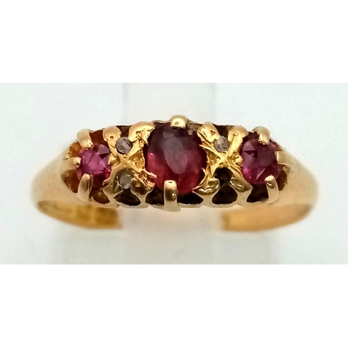 566 - 18k Yellow Gold Diamond and Ruby vintage Ring.
weighs 2.3g
size O