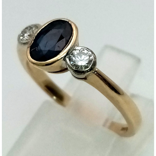 587 - 9k Yellow Gold Diamond and Sapphire 3 stone ring.
0.20ct Diamonds
0.65ct Oval Sapphire 
weighs 2.7g
... 