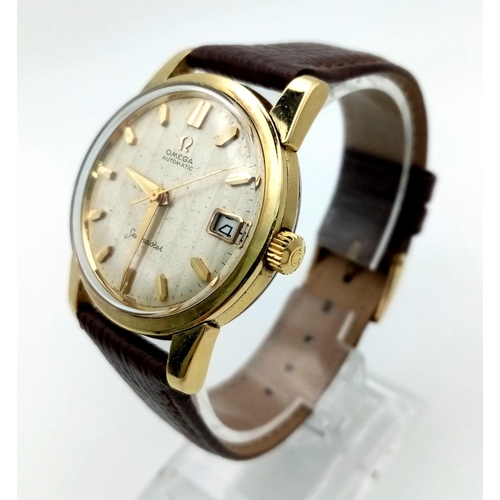 726 - A VINTAGE GOLD PLATED OMEGA SEAMASTER AUTOMATIC WITH DATE BOX AND ORIGINAL LEATHER STRAP.  34mm