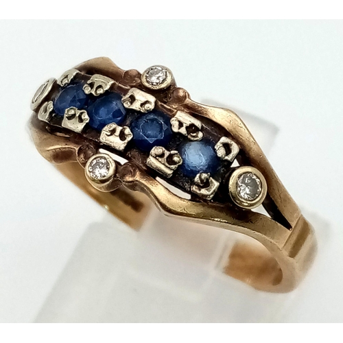 839 - 9K YELLOW GOLD VINTAGE DIAMOND & BLUE STONE SET RING, WEIGHT 4G SIZE S