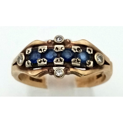 839 - 9K YELLOW GOLD VINTAGE DIAMOND & BLUE STONE SET RING, WEIGHT 4G SIZE S