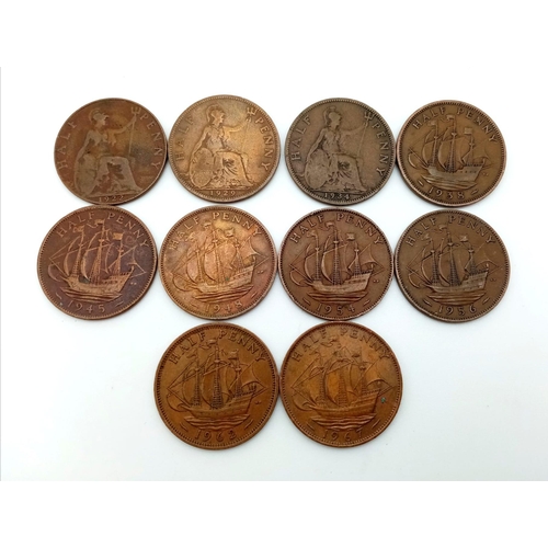 1094 - A Selection of 10 half penny cions 1922,1929,1934, 1938, 1945, 1948, 1954, 1956, 1962 and 1967