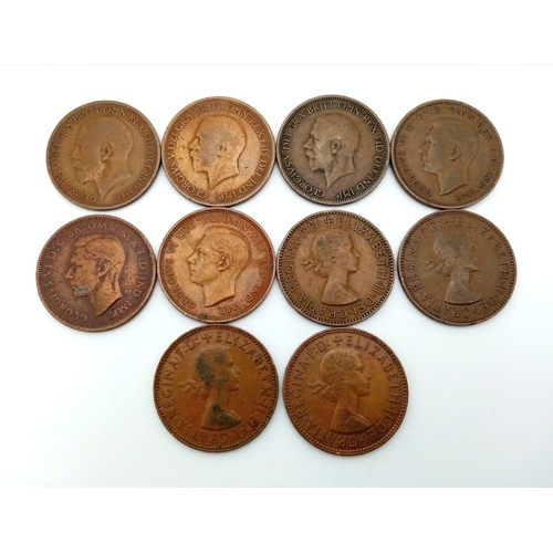 1094 - A Selection of 10 half penny cions 1922,1929,1934, 1938, 1945, 1948, 1954, 1956, 1962 and 1967