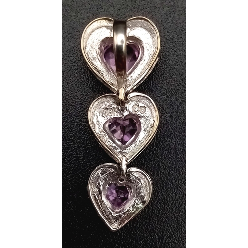 832 - 10K WHITE GOLD DIAMOND & PINK SAPPHIRE TRIPLE HEART DROP PENDANT, WEIGHT 1.7G AND 23MM DROP LONG