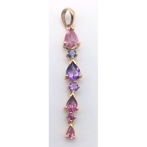 1145 - 9k Yellow Gold Multi Gem drop pendant. Weighs 1.4g