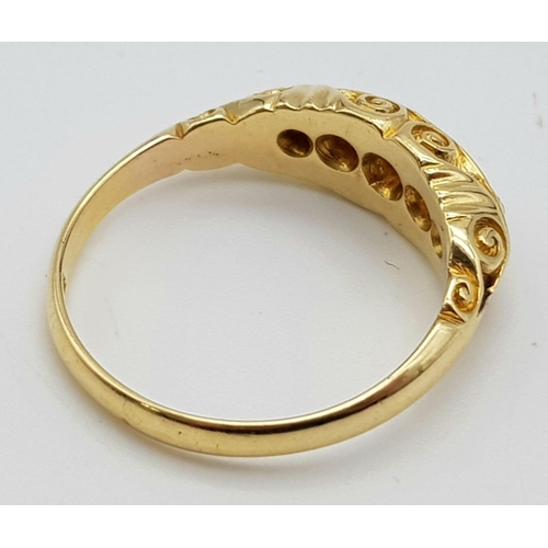 115 - AN 18K GOLD RING WITH 5 DIAMONDS SET IN VINTAGE STYLE SETTING.  4.4gms  size N