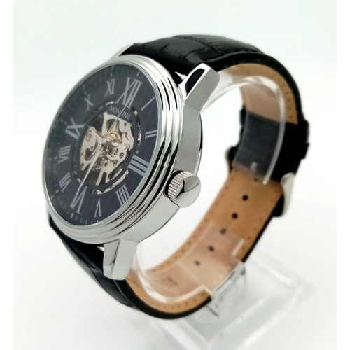 1381 - A Montine Automatic Gents Skeleton Watch. Black leather strap. Case - 45mm. In good condition and wo... 