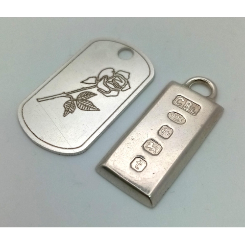 1385 - Sterling Silver full show hallmarked INGOT 9.5G and Rose engraved Sterling Silver dog tag 5.1g.