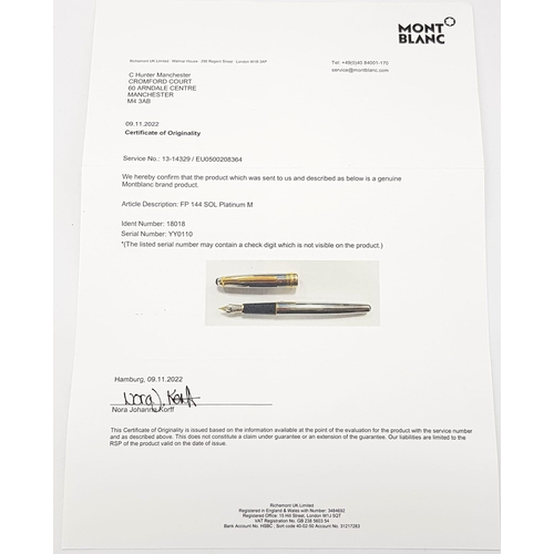 2 - A Rare Limited Edition Solid 950 Platinum Mont Blanc Fountain Pen. Model: FP 144 SOL Platinum M. Com... 