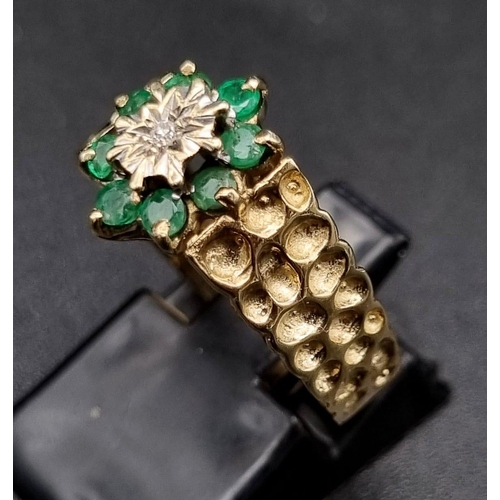 327 - A classic mid century diamond and emerald cluster ring. set in 9K yellow gold, Ring Size O, Total We... 