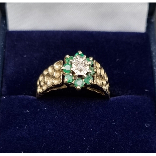 327 - A classic mid century diamond and emerald cluster ring. set in 9K yellow gold, Ring Size O, Total We... 