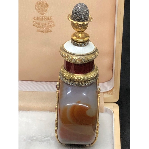 446 - Russian perfume bottle , Silver enamel  with diamonds and rubies and agate set. 
Very good condition... 