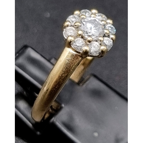 616 - A classic mid century diamond cluster ring. set in 9k yellow gold, Ring Size O, Weight 2.4 grams.