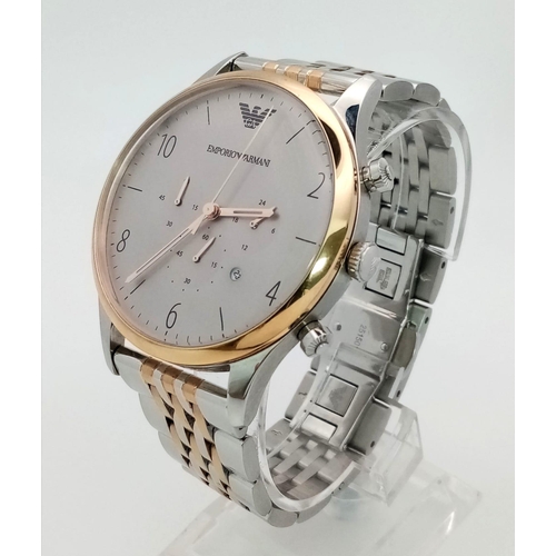 1105 - An Emporio Armani Chronograph Gents watch. Two tone steel strap and case - 42mm. White dial with thr... 