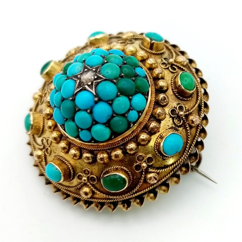 137 - An Early Victorian Turquoise and Diamond Memorial Brooch. Expert craftmanship and rope-twist detail ... 