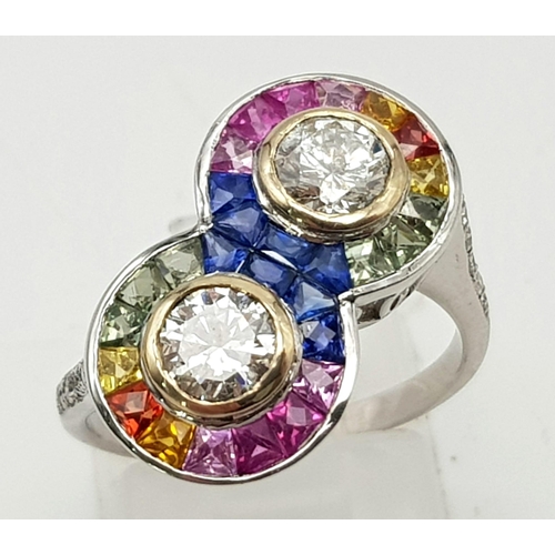 163 - A FABULOUS 18K WHITE GOLD DIAMONDS AND GEMSTONE RING WITH A .22 AND .21 E/VS2 TRIPLE EXCELLENT DIAMO... 