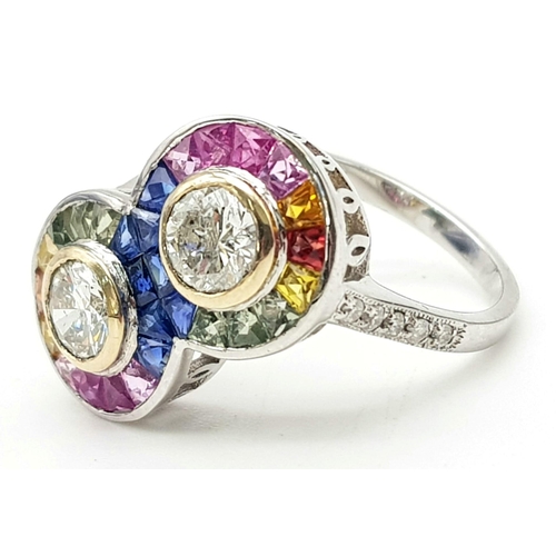 163 - A FABULOUS 18K WHITE GOLD DIAMONDS AND GEMSTONE RING WITH A .22 AND .21 E/VS2 TRIPLE EXCELLENT DIAMO... 