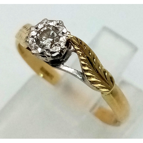 167 - A 18k Yellow Gold Classic Victorian Single Diamond Stone Ring. Ring Size M, Total Weight 2.4 grams.