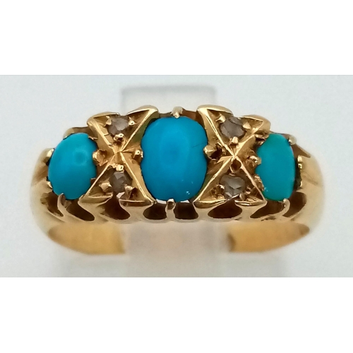 460 - A Victorian Turquoise and Diamond 18K Yellow Gold Ring. Excellent quality turquoise. Size I/J. 3.21g... 