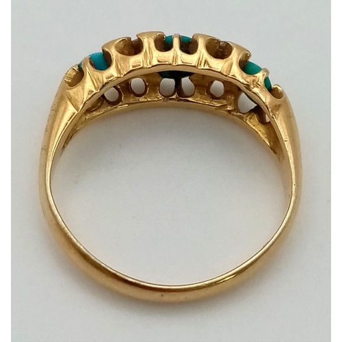 460 - A Victorian Turquoise and Diamond 18K Yellow Gold Ring. Excellent quality turquoise. Size I/J. 3.21g... 