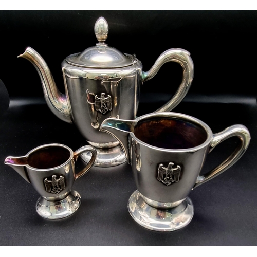 695 - A German Nazi WW2 Era Four Piece Silver Plate Tea/Coffee One-Person Set. Pot -14cm. Hot water - 8cm ... 