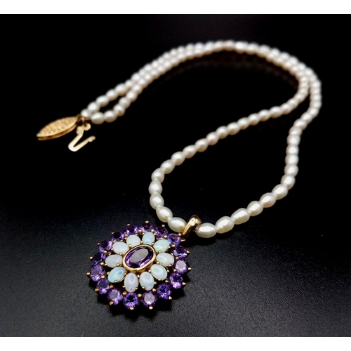 859 - A Wonderful Vintage Amethyst and Opal Floral Pendant set in 9k Gold on a Pearl Necklace with a 14K G... 