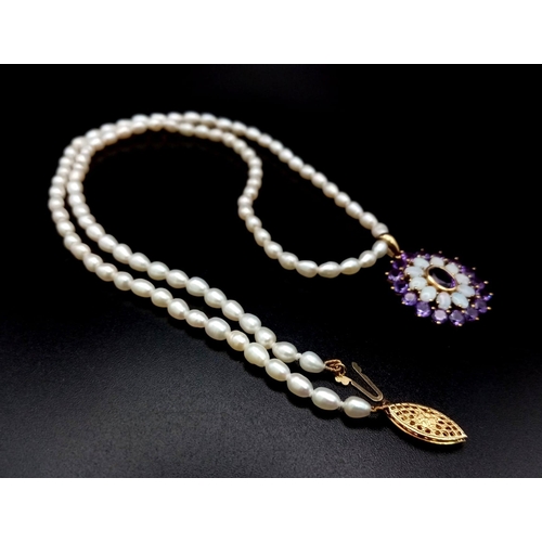 859 - A Wonderful Vintage Amethyst and Opal Floral Pendant set in 9k Gold on a Pearl Necklace with a 14K G... 