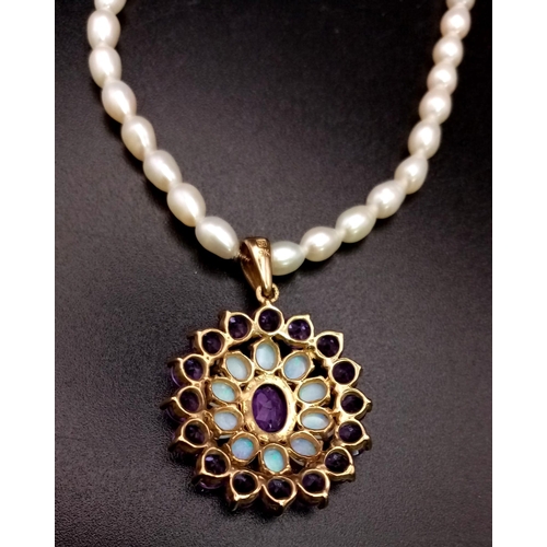 859 - A Wonderful Vintage Amethyst and Opal Floral Pendant set in 9k Gold on a Pearl Necklace with a 14K G... 