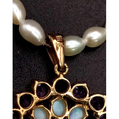 859 - A Wonderful Vintage Amethyst and Opal Floral Pendant set in 9k Gold on a Pearl Necklace with a 14K G... 